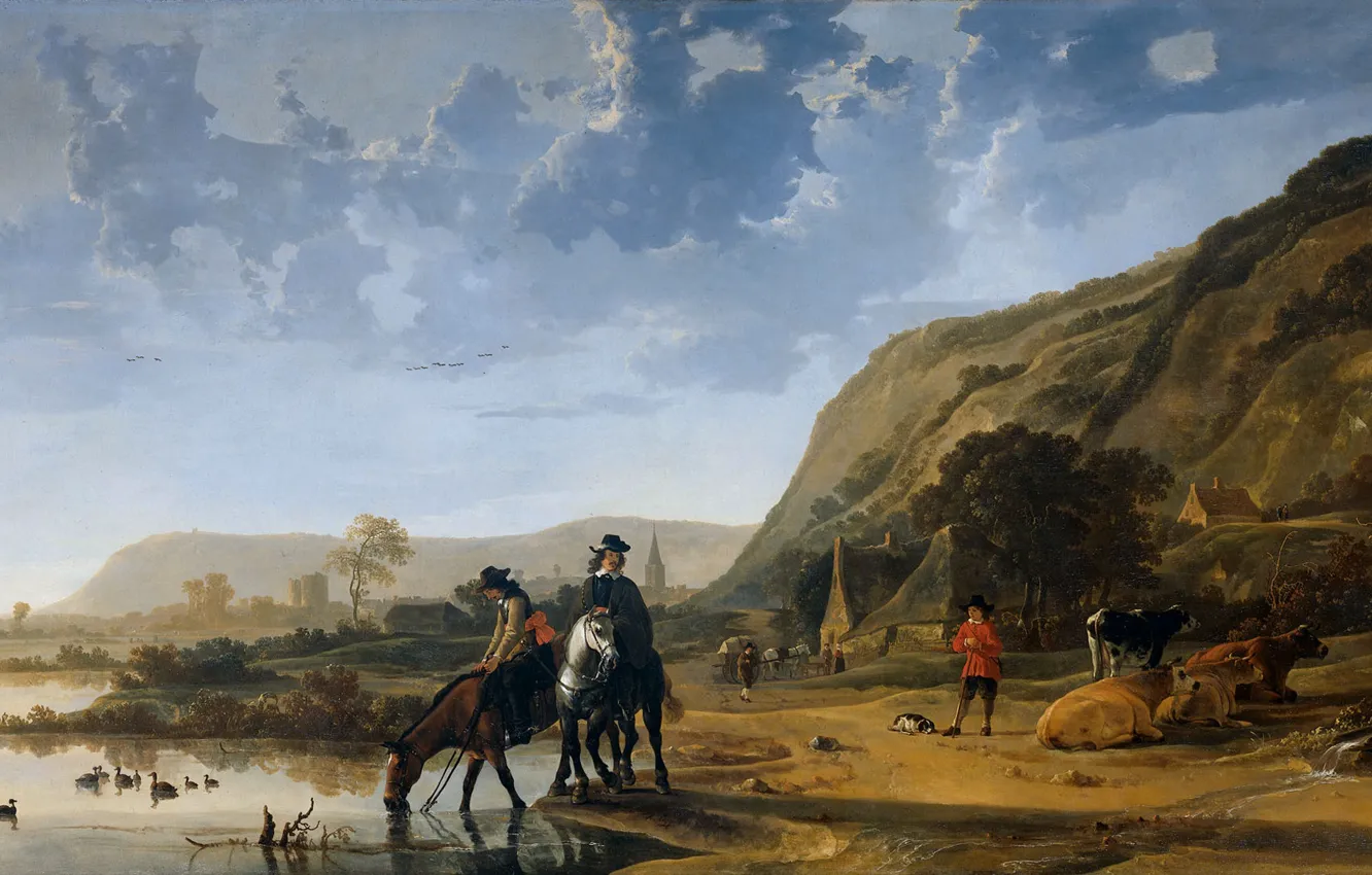 Photo wallpaper landscape, people, horse, picture, Albert Jacobs Cape, River Landscape with Riders