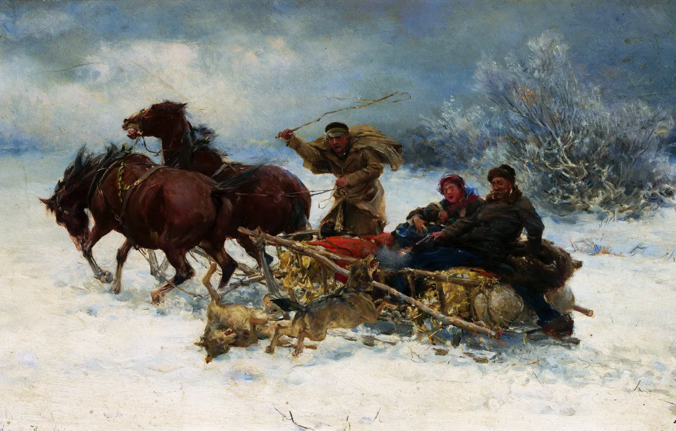 Photo wallpaper Winter, Snow, People, Picture, Horses, Shot, Revolver, Wolves