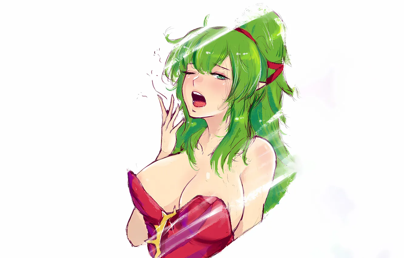 Photo wallpaper girl, sexy, cleavage, green eyes, long hair, boobs, anime, beautiful