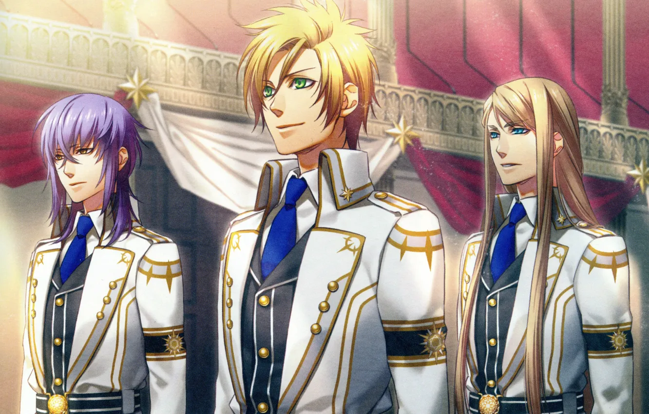 Photo wallpaper each, hall, guy, long hair, three, art, green eyes, military uniform