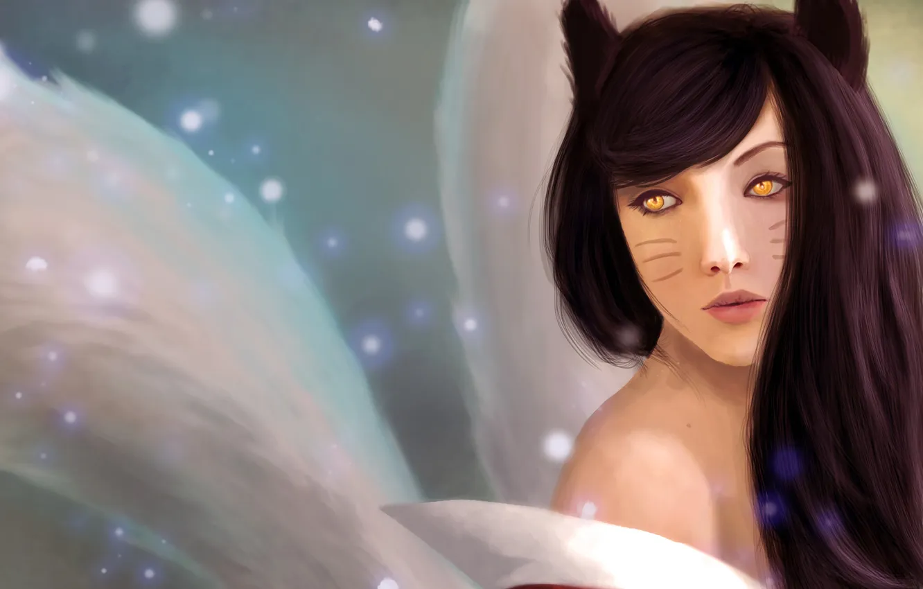 Photo wallpaper girl, face, art, tail, ears, sparks, League of Legends, Ahri
