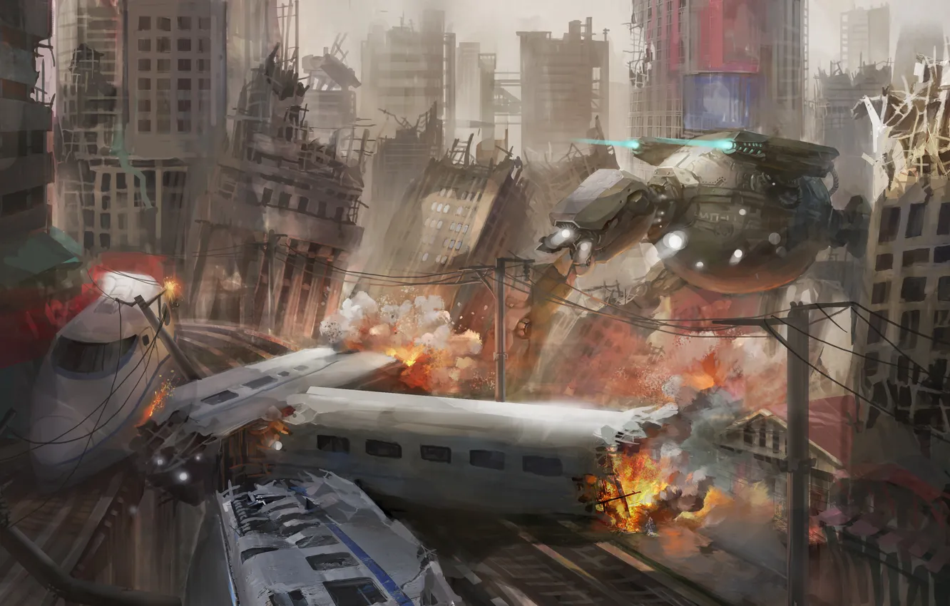 Photo wallpaper the city, lights, train, robot, art, attack, ruins