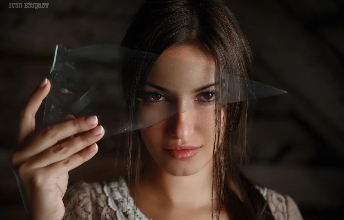 Photo wallpaper look, glass, fragments, face, hands, brunette, beautiful