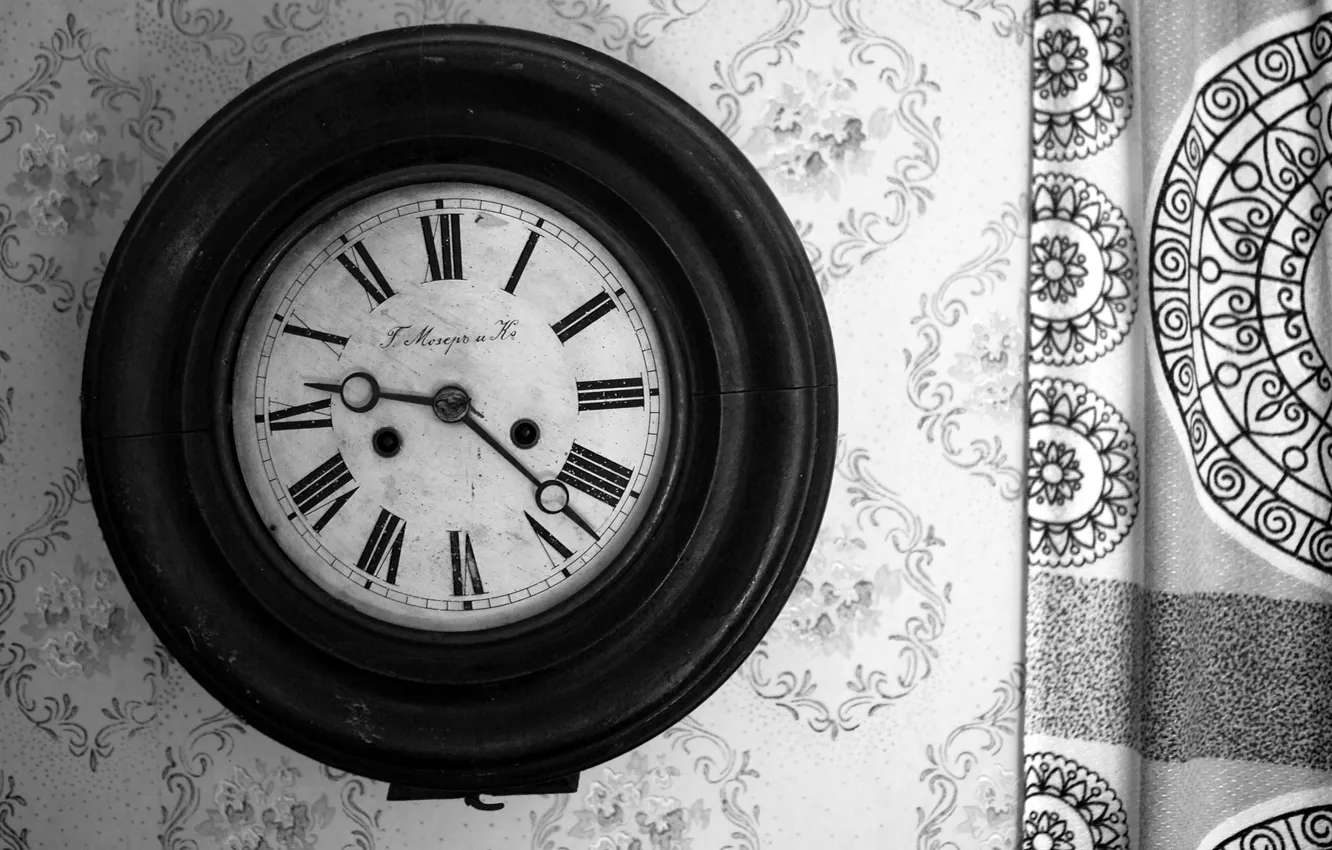 Photo wallpaper wall, watch, black and white, dial, wall