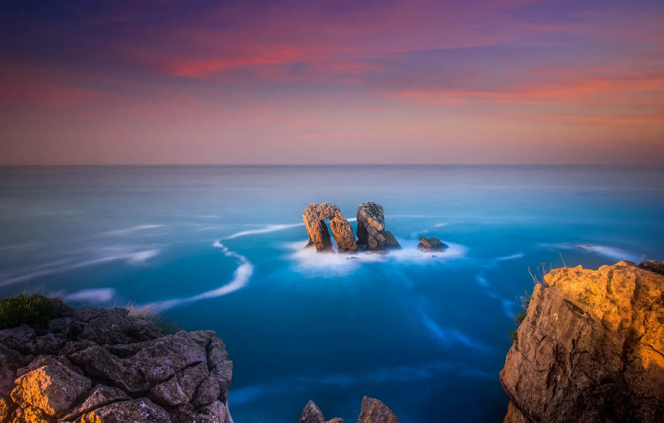 Photo wallpaper sea, the sky, clouds, rocks, horizon, twilight