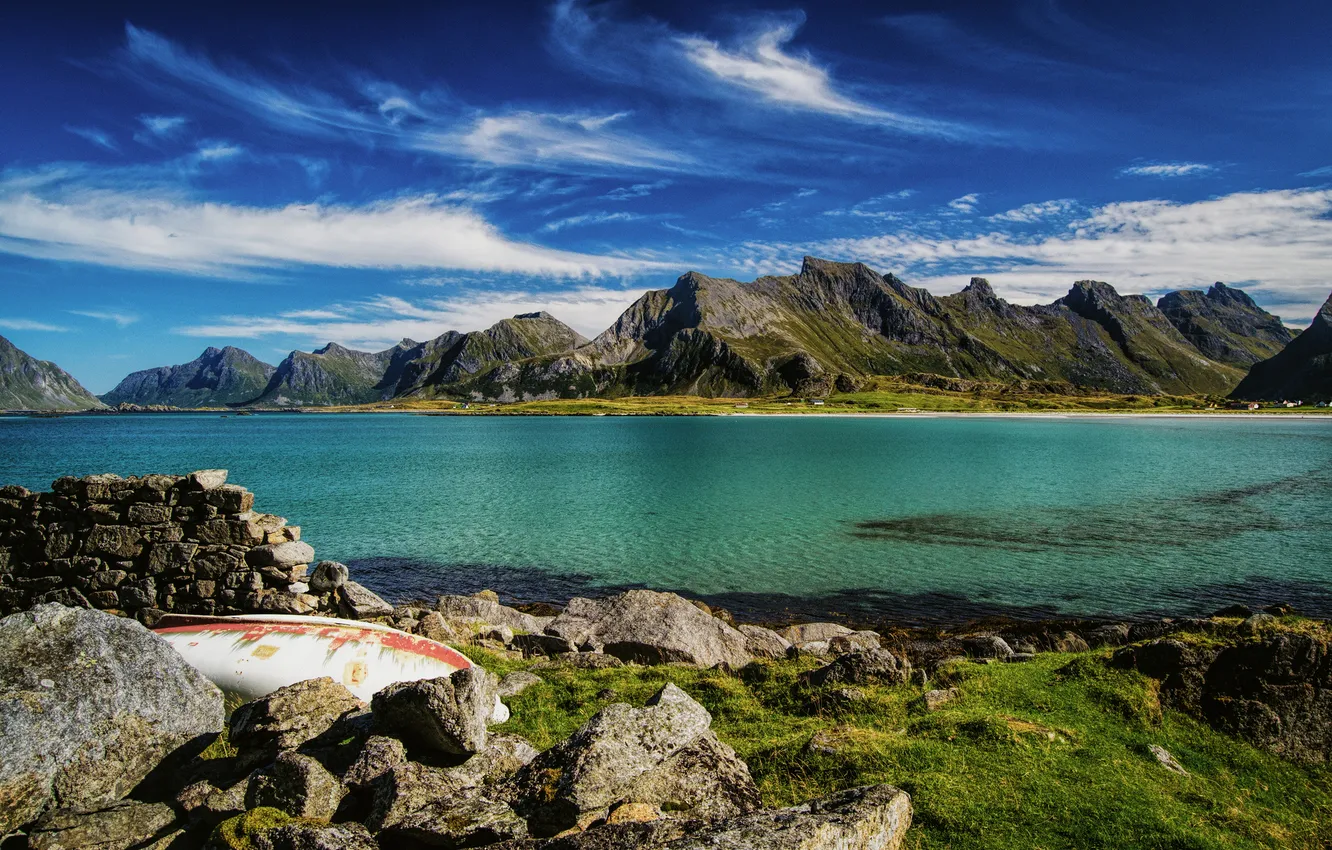 Photo wallpaper sea, mountains, stones, coast, boat, Norway, The Lofoten Islands, Lofoten