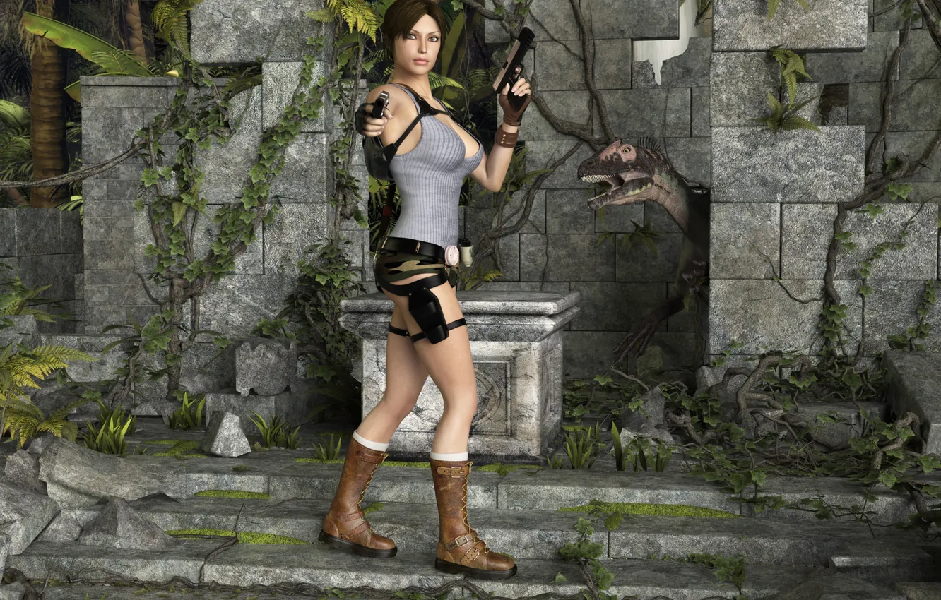 Photo wallpaper chest, girl, gun, shorts, dinosaur, Tomb Raider, ruins, Lara Croft