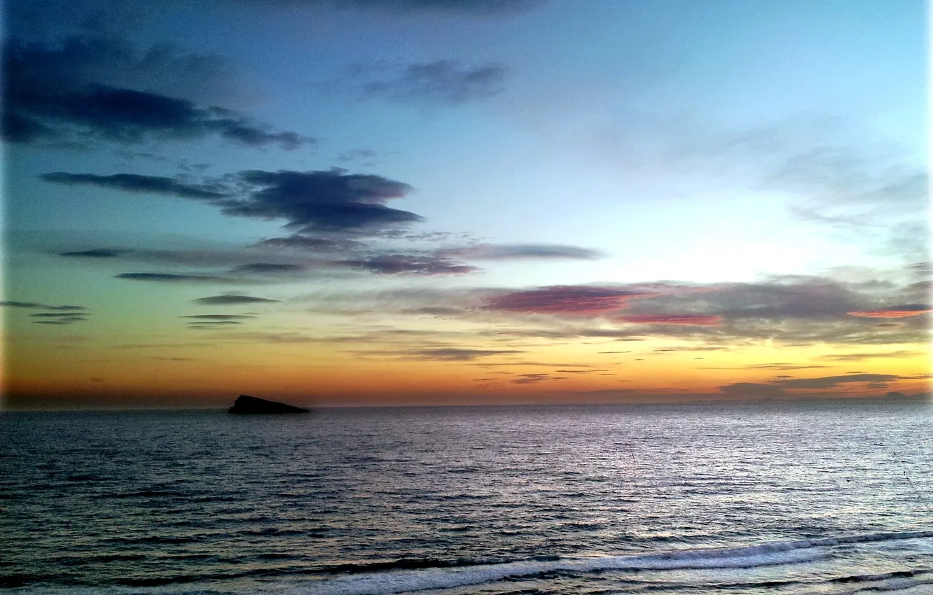 Photo wallpaper sea, wave, the sky, sunset, rock, the evening, horizon