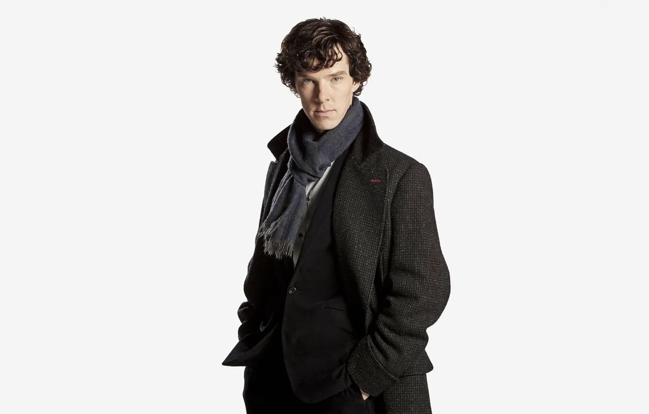 Photo wallpaper white background, coat, Benedict Cumberbatch, Sherlock, Sherlock BBC, Sherlock Holmes, detective, Sherlock (TV series)