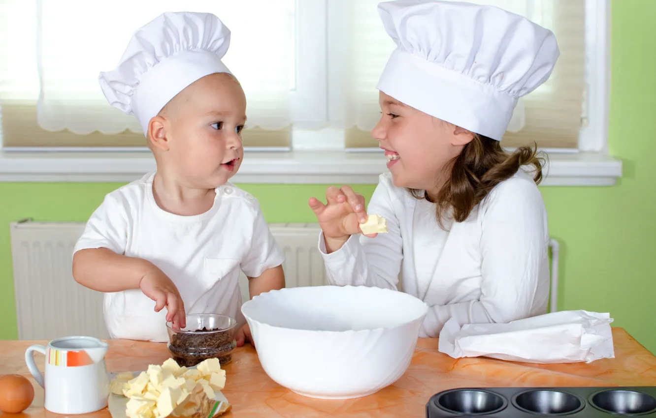 Photo wallpaper children, table, eggs, boy, baby, kitchen, plate, girl