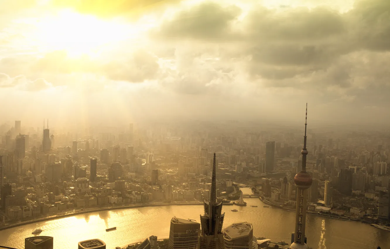 Photo wallpaper city, river, sunset, clouds, bridges, skyscrapers, Metropolis, sunbeams