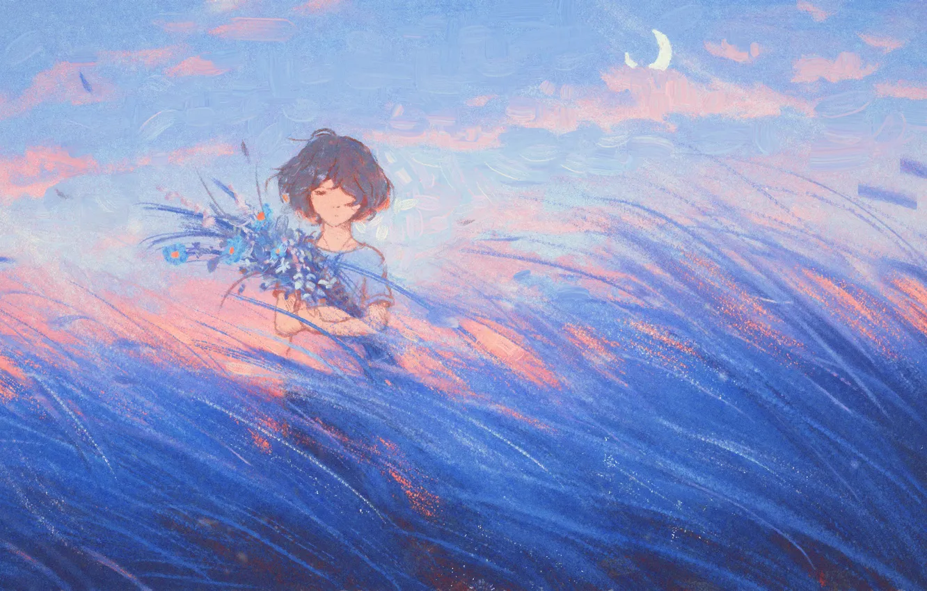 Photo wallpaper field, the sky, grass, girl, clouds, flowers, nature, the moon