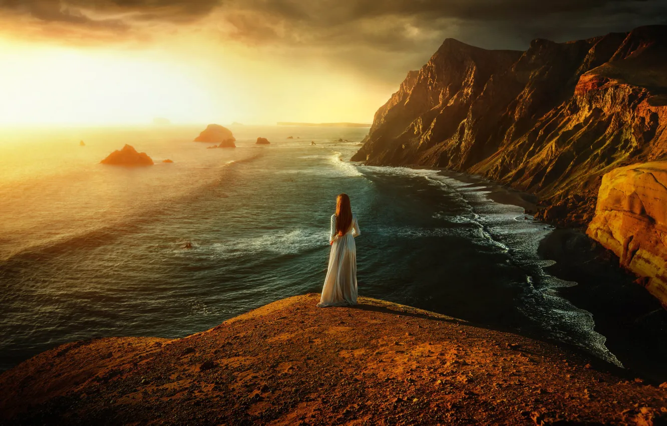 Photo wallpaper sea, the sky, girl, clouds, landscape, mountains, nature, pose