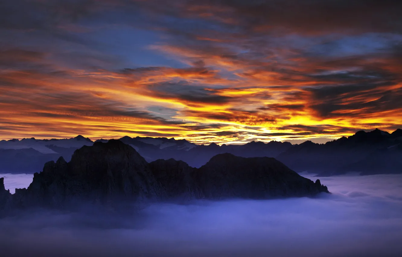 Photo wallpaper the sky, landscape, sunset, mountains