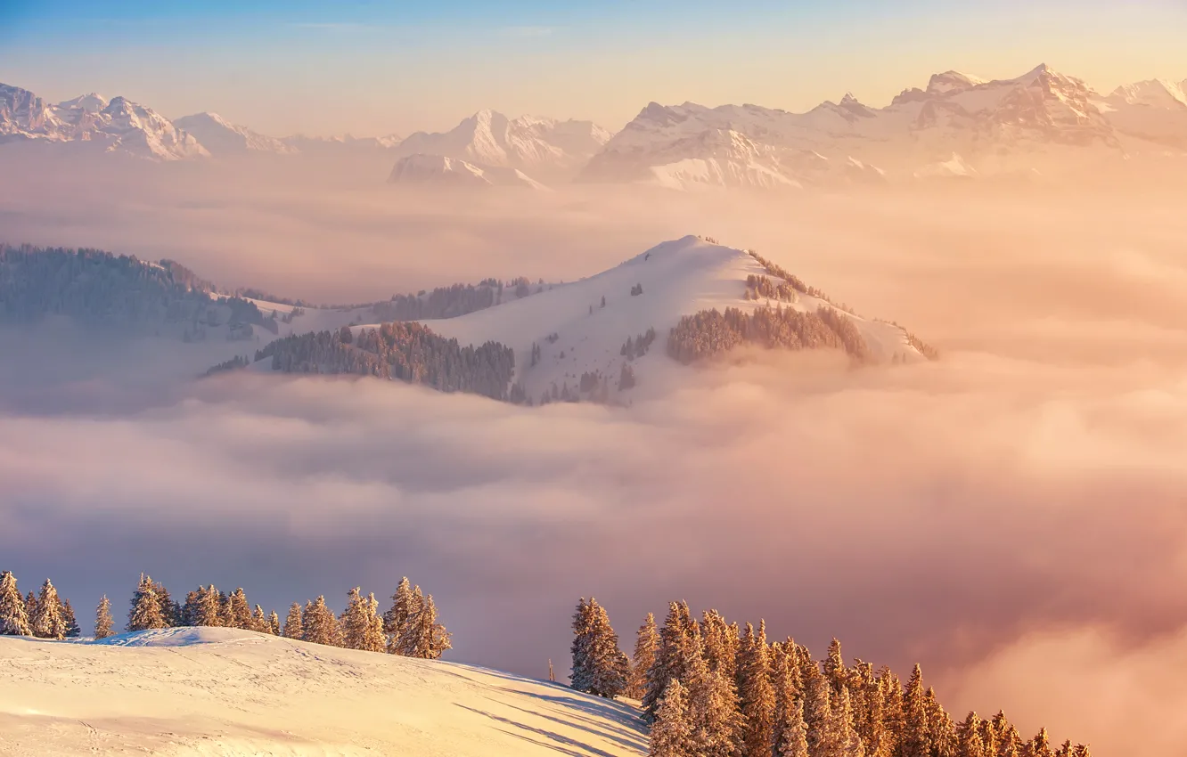 Photo wallpaper clouds, landscape, mountains, top, Switzerland
