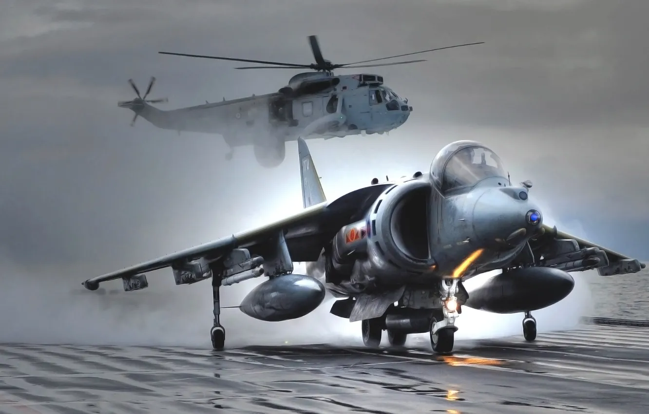 Photo wallpaper Sea, The plane, Fighter, Helicopter, Wings, Aviation, BBC, Harrier
