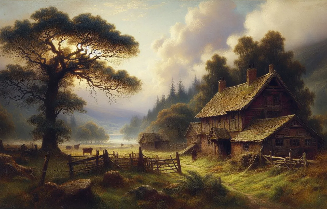 Photo wallpaper autumn, trees, home, village, house, hut, AI art, a cozy little world