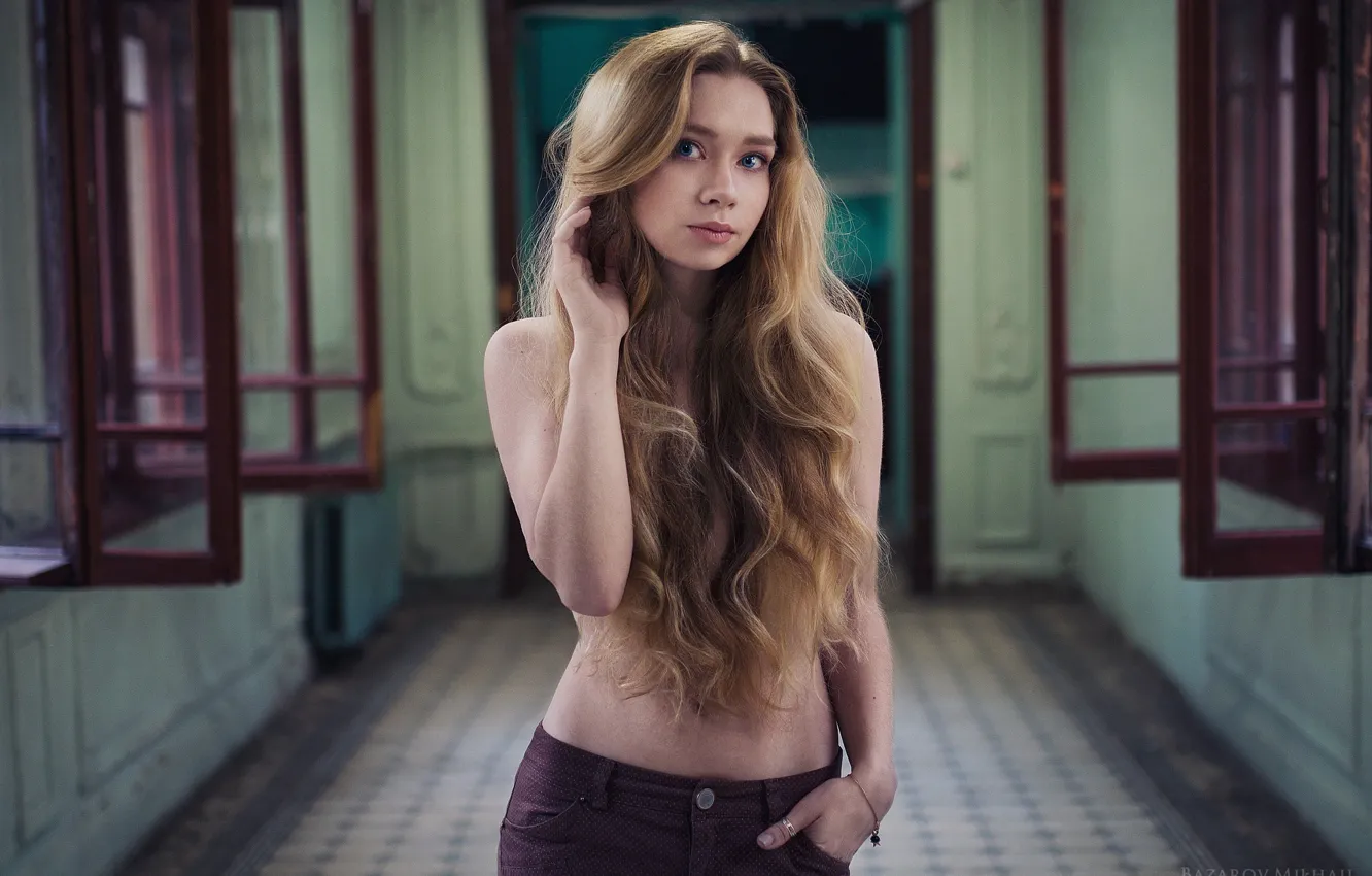 Photo wallpaper long hair, model, pose, looking at camera, hallway, TOPLESS, Mikhail Bazarov