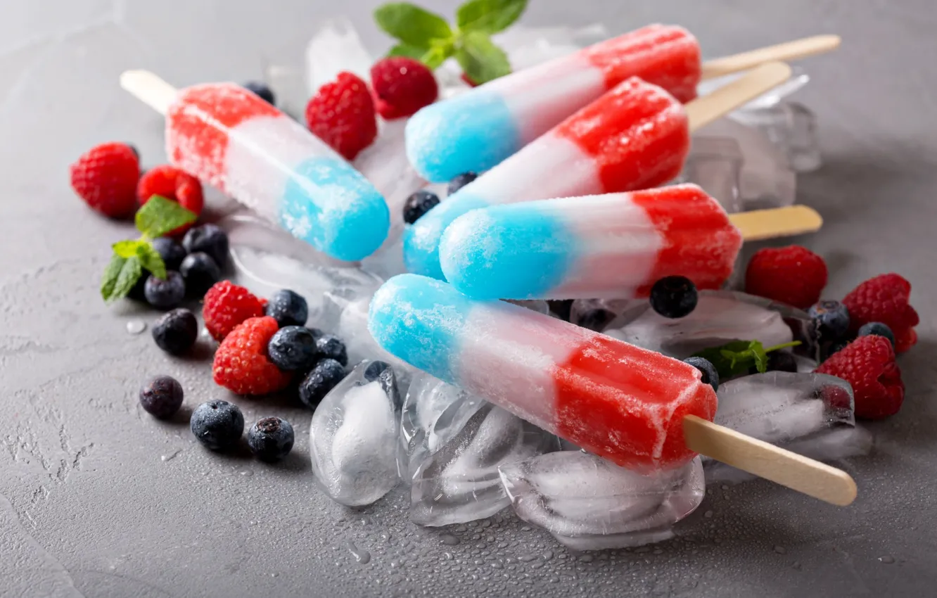 Photo wallpaper raspberry, blueberries, ice cream, mint, sweets, ice cream