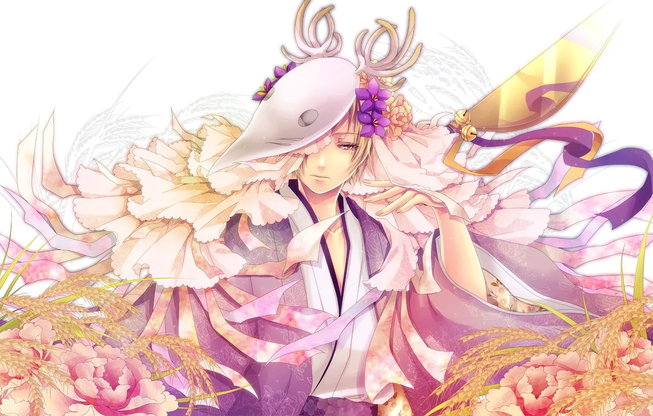 Photo wallpaper flowers, mask, horns, ears, Japanese clothing, Cape, Natsume Yuujinchou, The Natsume book of friendship