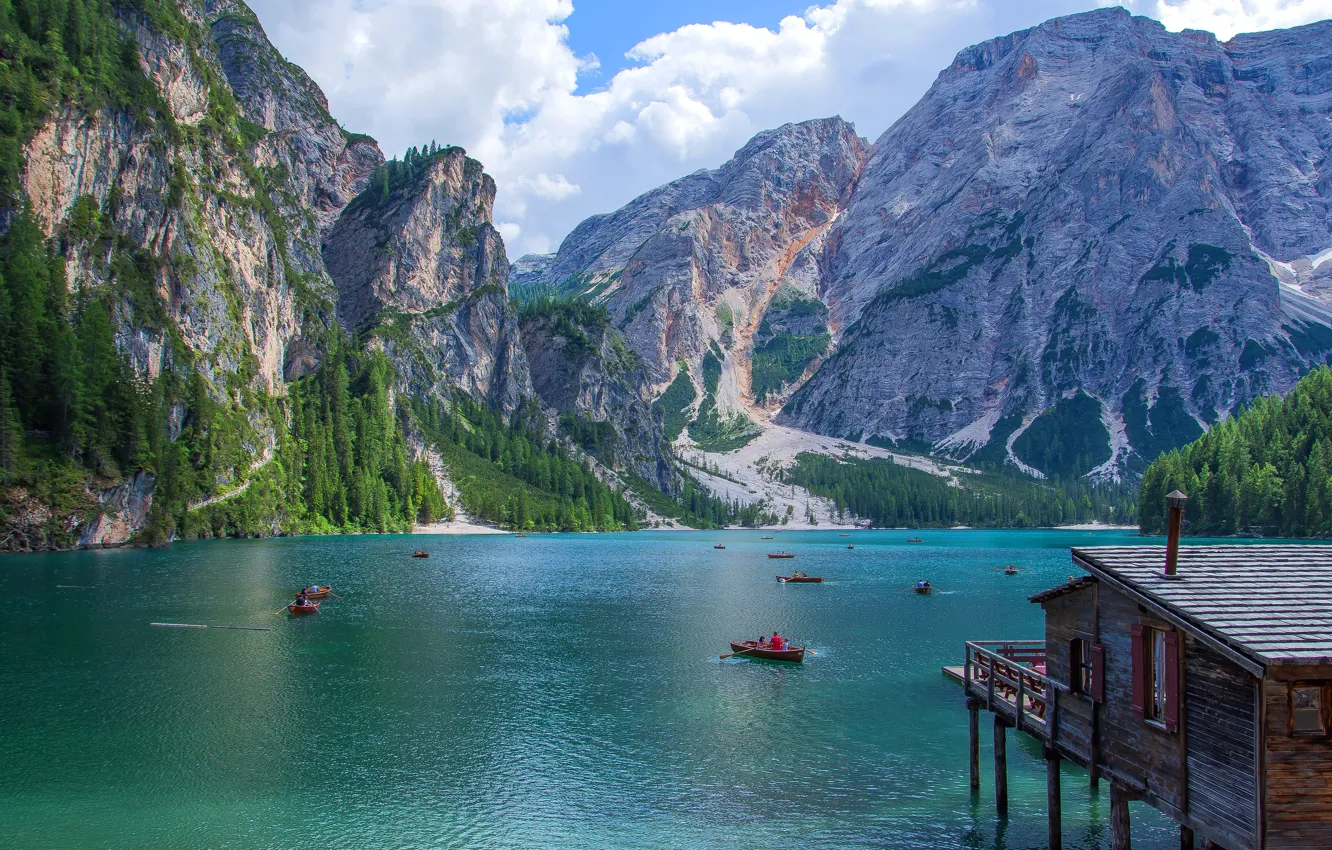 Photo wallpaper forest, mountains, lake, shore, boat, Alps, house, pond