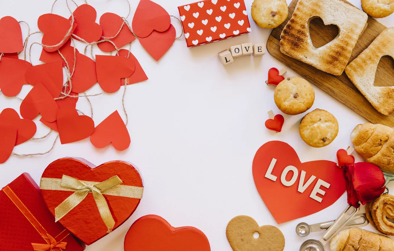 Photo wallpaper love, box, heart, Breakfast, cookies, gifts, Valentine's Day