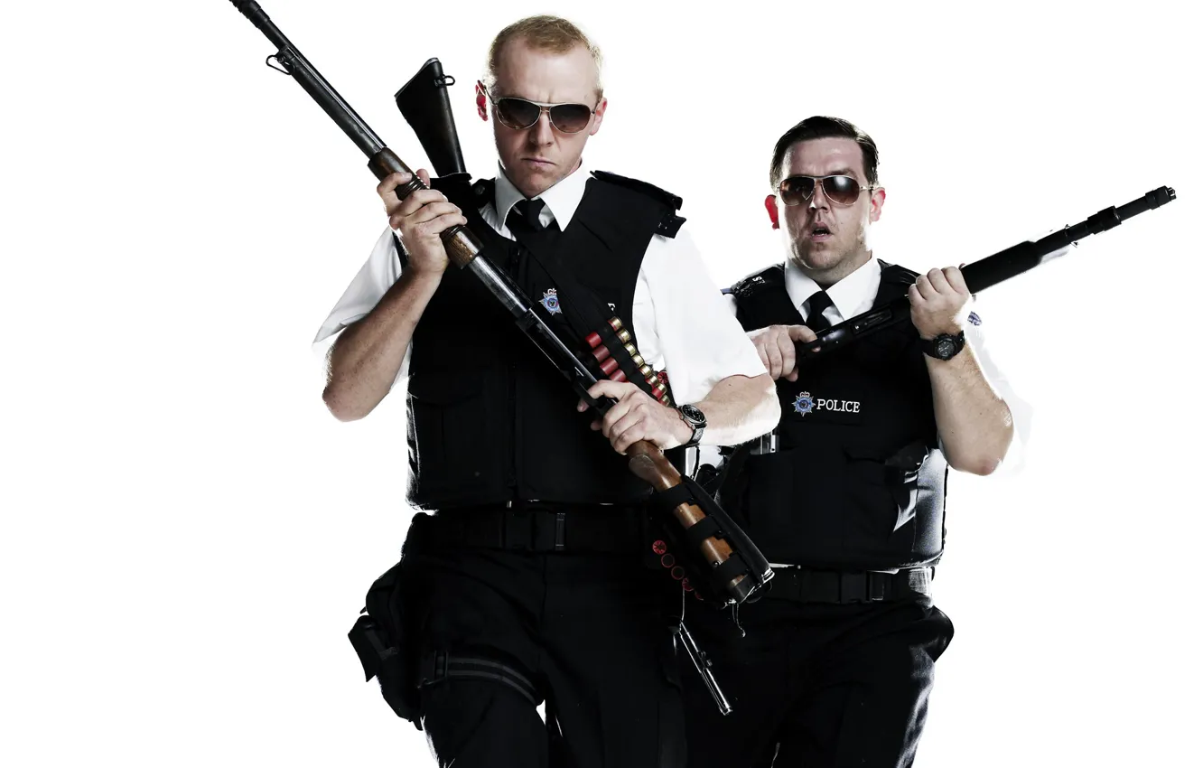 Photo wallpaper weapons, glasses, gun, police, police, Simon Pegg, Nick Frost, Simon Pegg