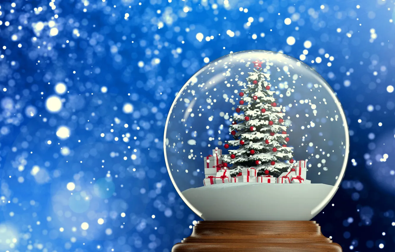 Photo wallpaper background, new year, gifts, tree, herringbone, snow, snow globe, 2015
