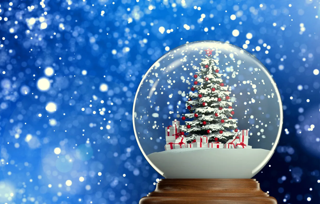 Photo wallpaper background, gift, tree, new year, herringbone, snow, snow globe, 2015