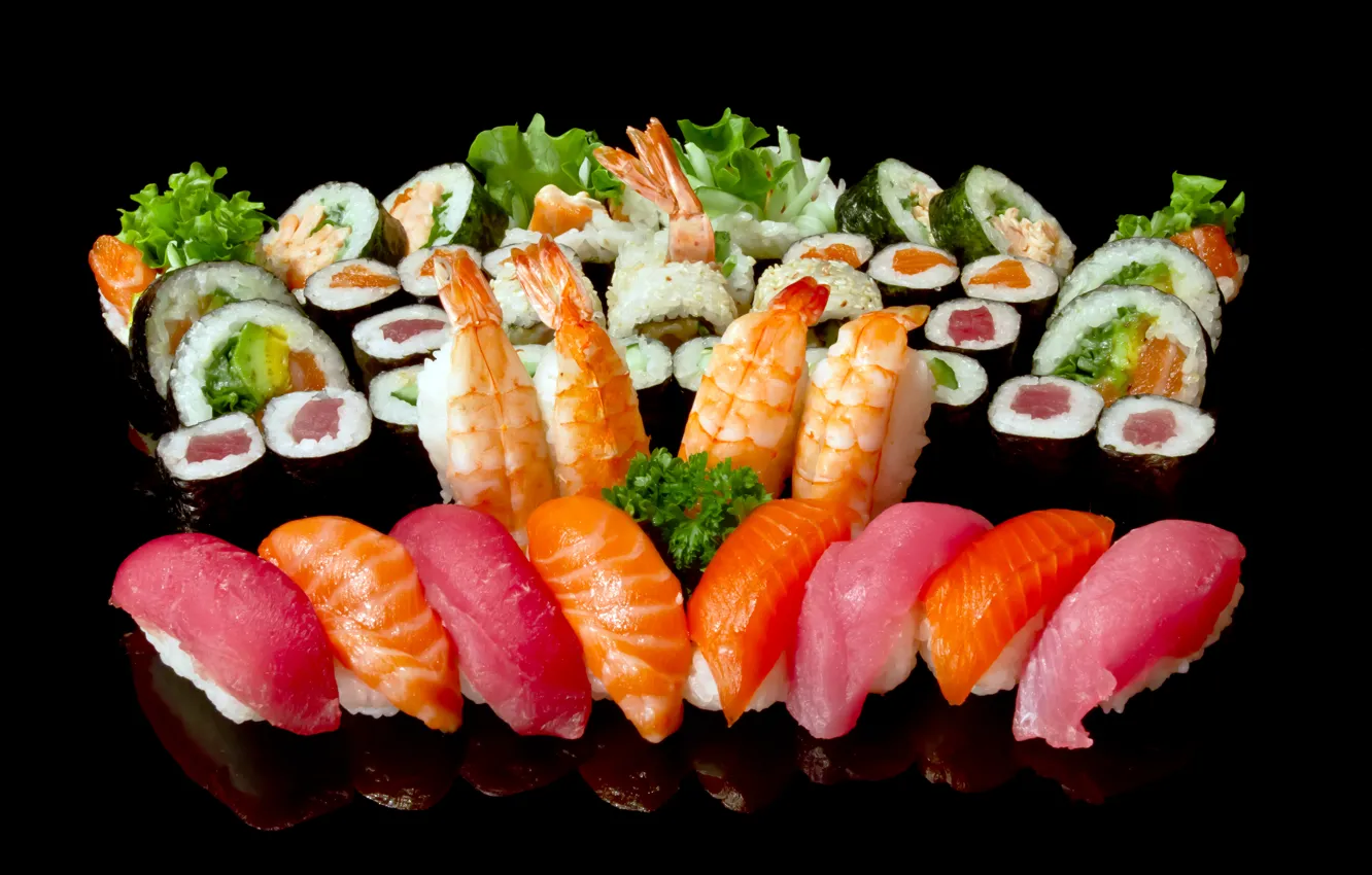 Photo wallpaper greens, fish, figure, black background, sushi, rolls, shrimp, seafood