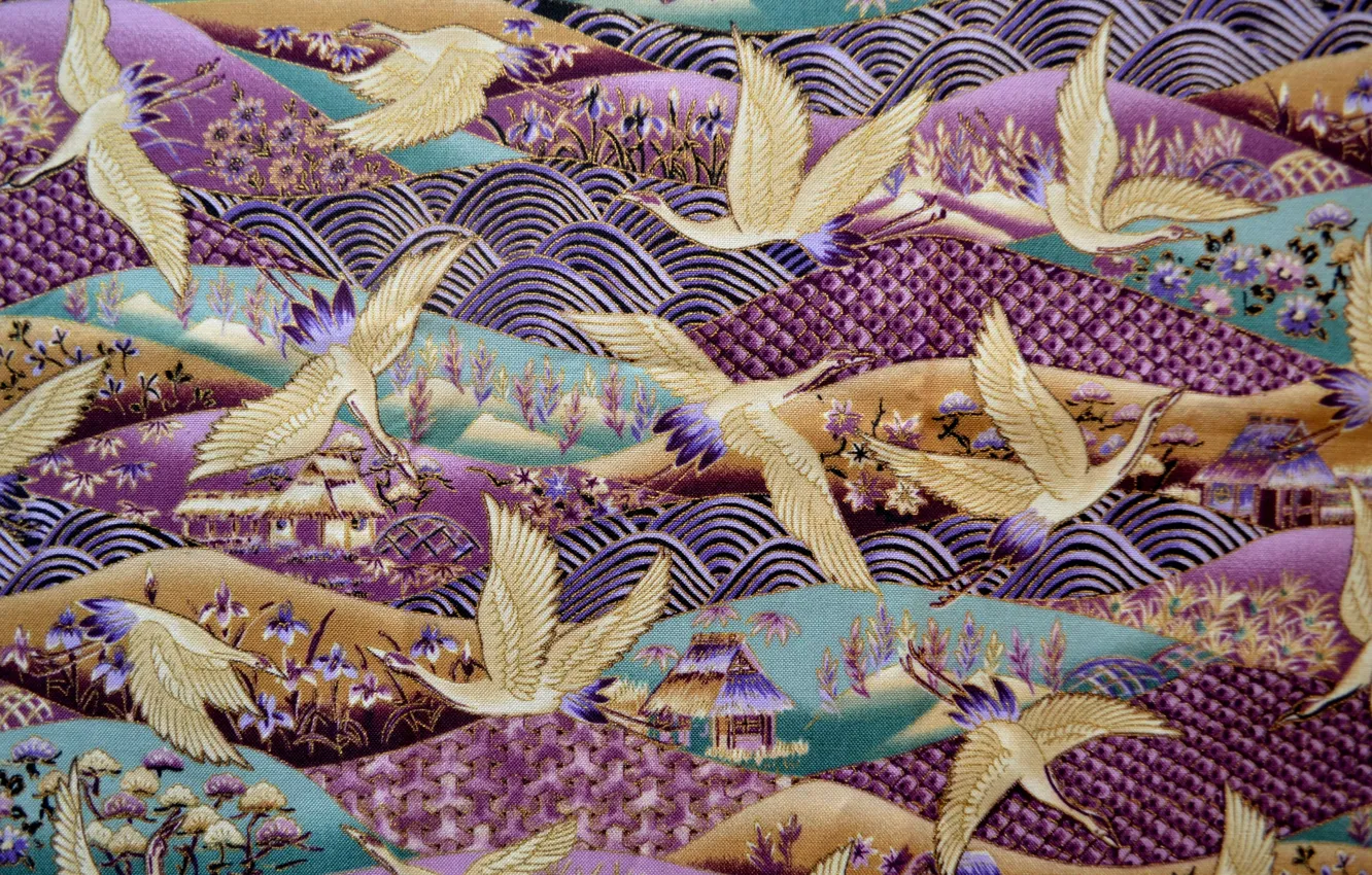 Photo wallpaper landscape, birds, background, patterns, figure, texture, fabric, textiles