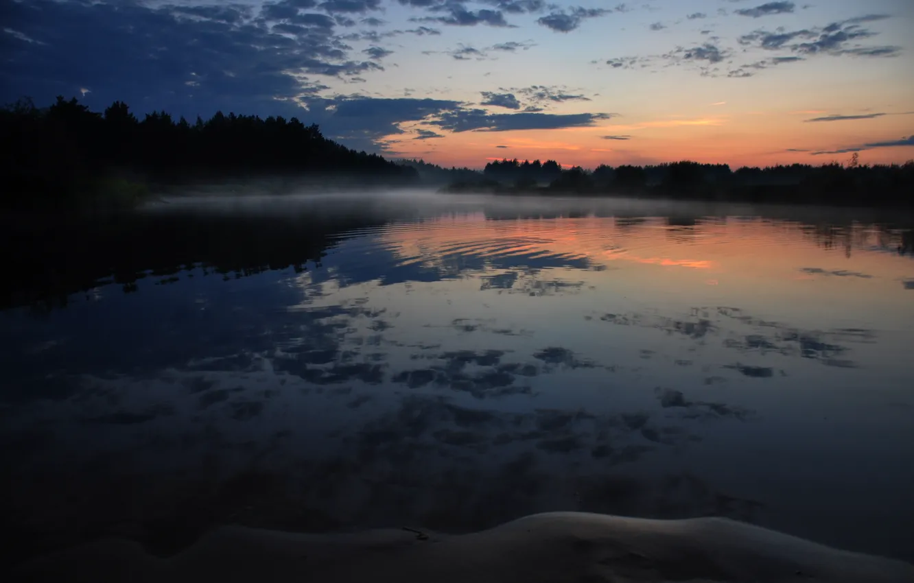 Photo wallpaper water, sunset, fog, river