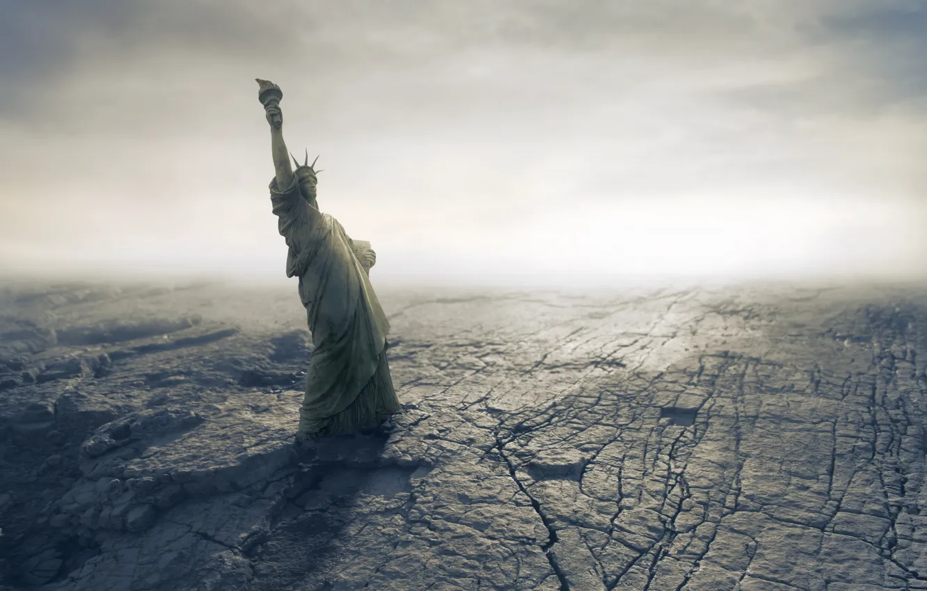 Photo wallpaper desert, disaster, Apocalypse, desert, fantastic, American, Statue of Liberty, Apocalypse