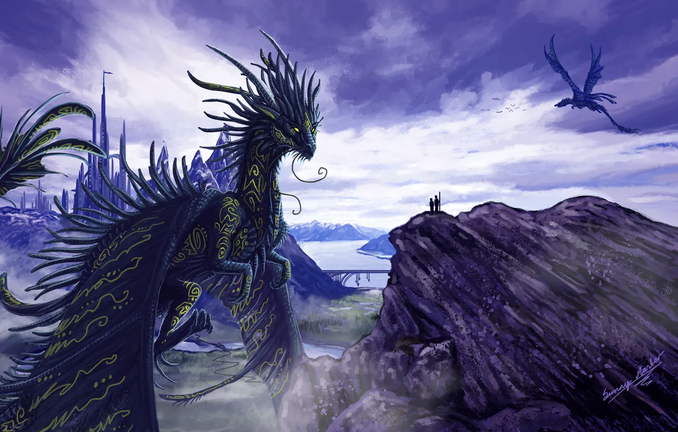 Photo wallpaper bridge, the city, river, rocks, dragon, people, art, rock