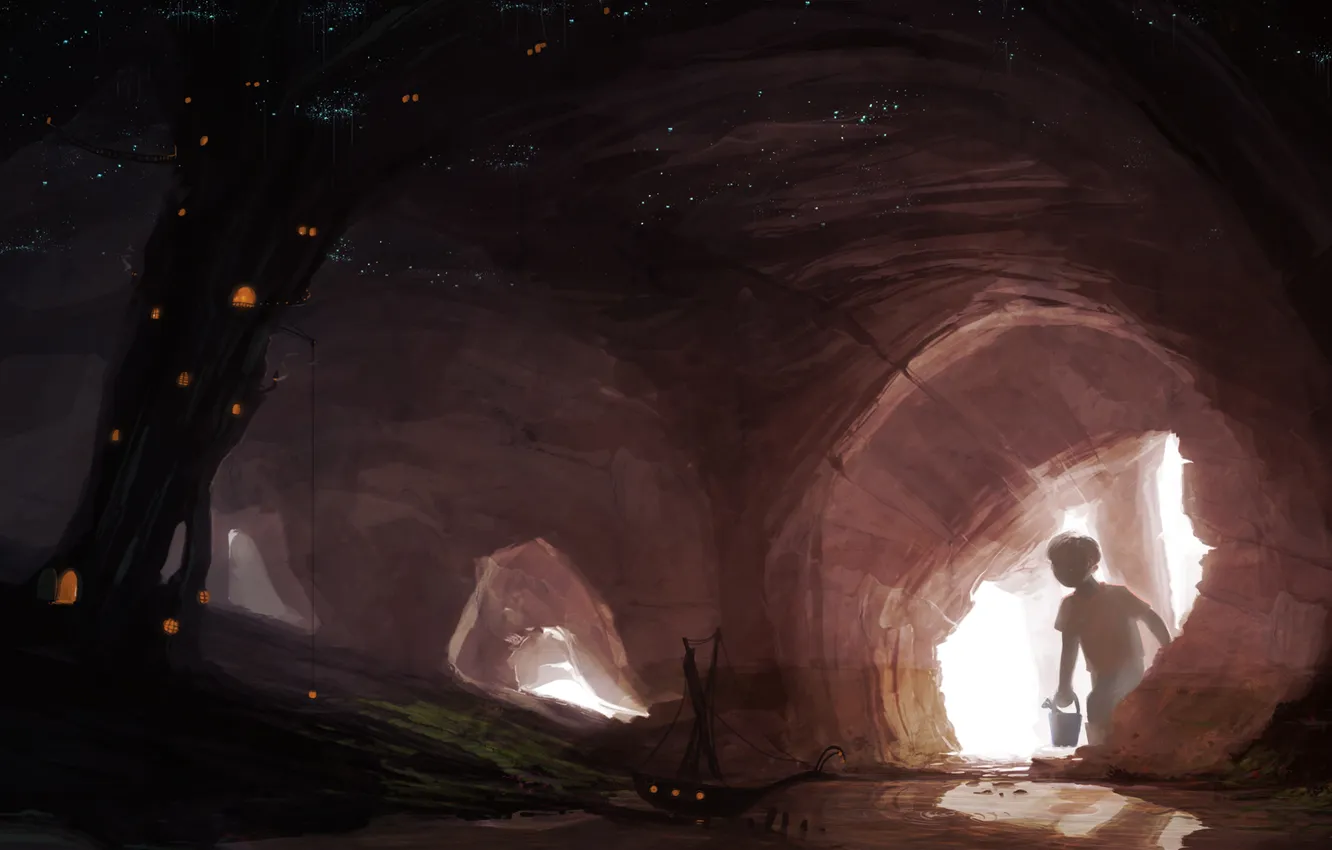 Photo wallpaper trees, lights, river, fireflies, ship, home, boy, art