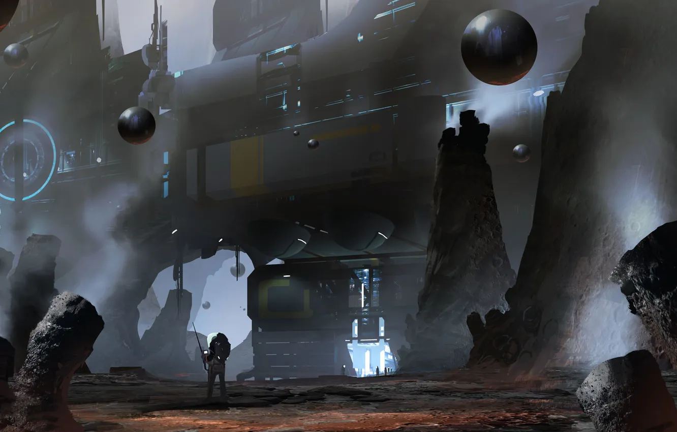 Photo wallpaper rocks, balls, people, ship, construction, art