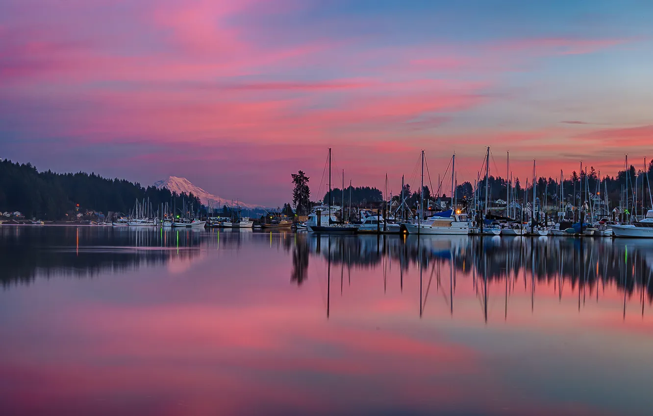 Photo wallpaper sunset, water, mountain, lake, boat, harbor