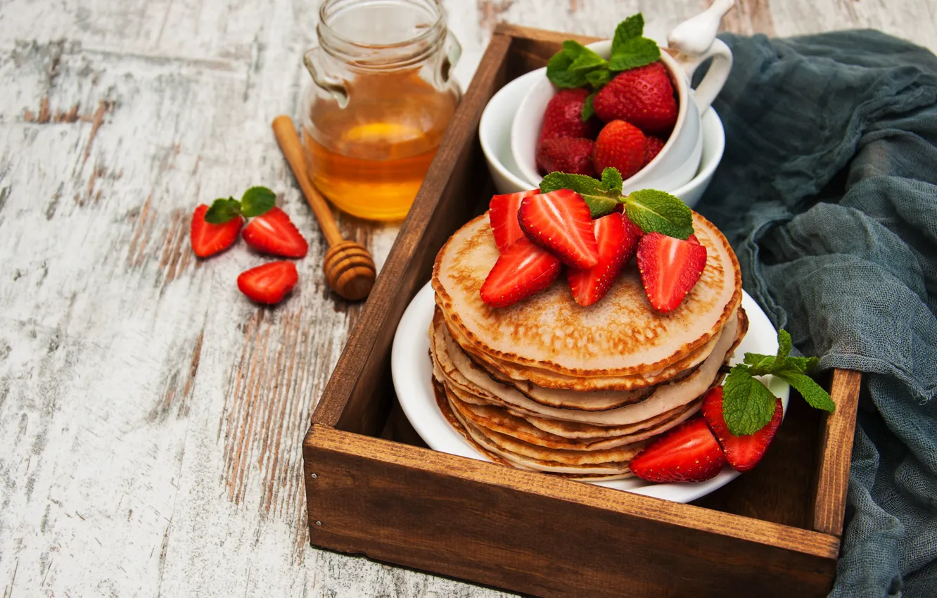 Photo wallpaper berries, Breakfast, strawberry, honey, dessert, pancakes, Olena Rudo