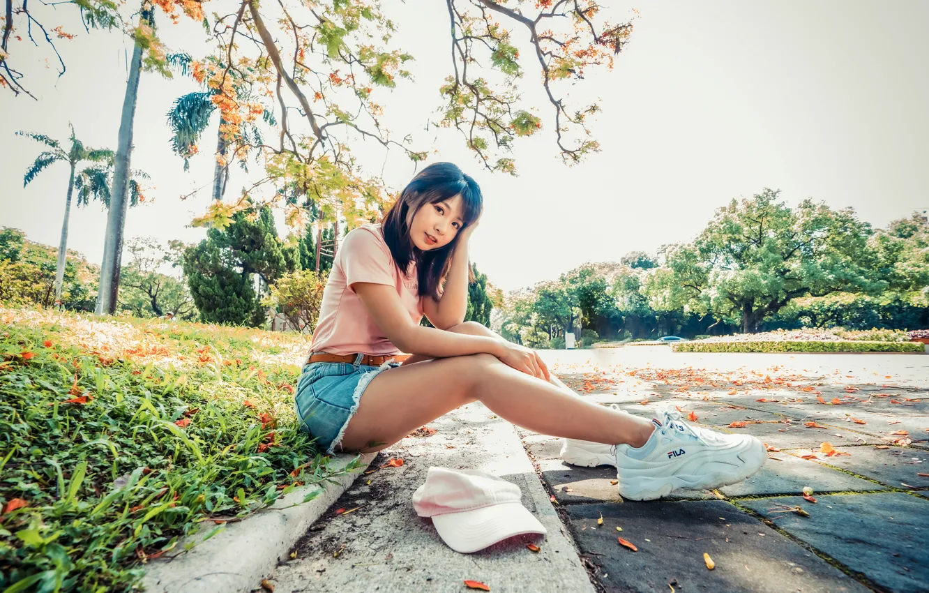 Photo wallpaper girl, sweetheart, legs, Asian, sitting