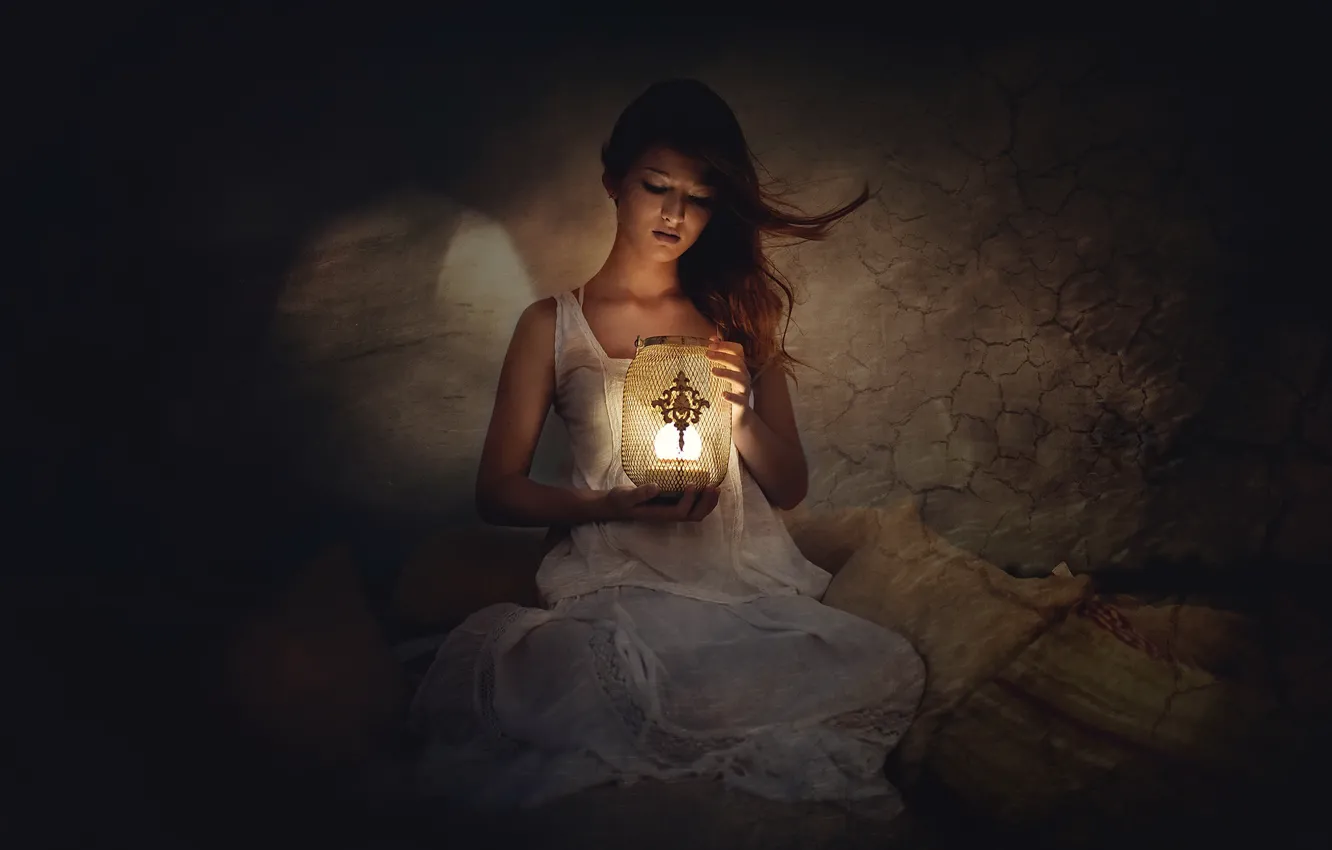 Photo wallpaper girl, light, mood, lamp, shadow