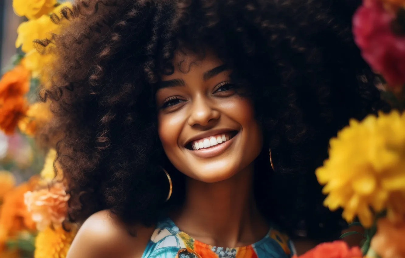 Photo wallpaper girl, flowers, smile, hair, black woman, digital art, AI art, The Art of Artificial Intelligence