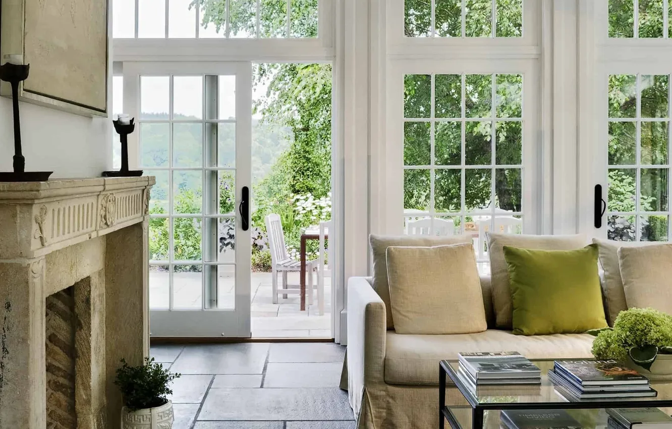 Photo wallpaper design, style, interior, fireplace, sofa, terrace, outdoor dining room, living room with access to the …