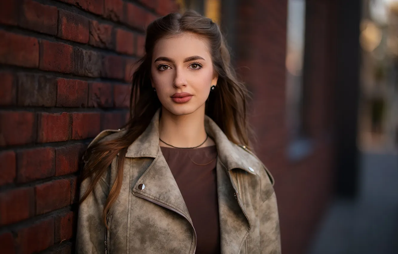 Photo wallpaper look, girl, face, wall, portrait, jacket, sponge, long hair