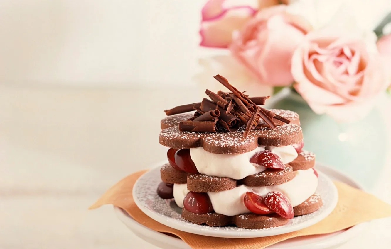 Photo wallpaper cherry, food, chocolate, roses, sweets, cake, cream, dessert
