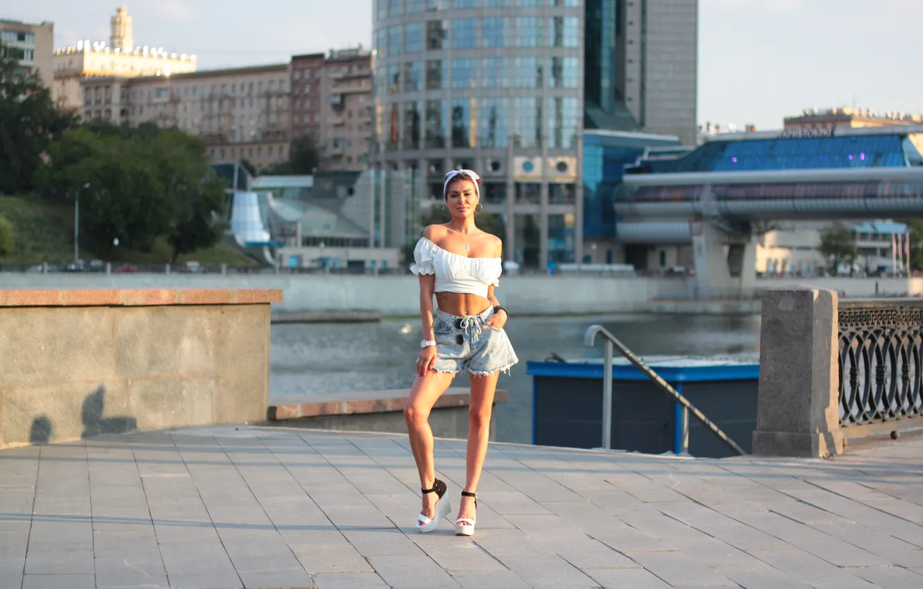 Photo wallpaper girl, shorts, legs, beautiful, model, brunette, cute, long-haired