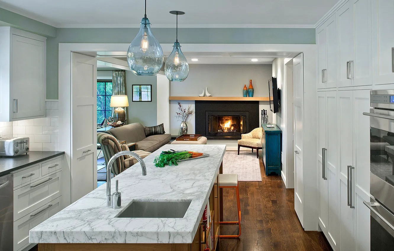 Photo wallpaper interior, kitchen, fireplace, living room