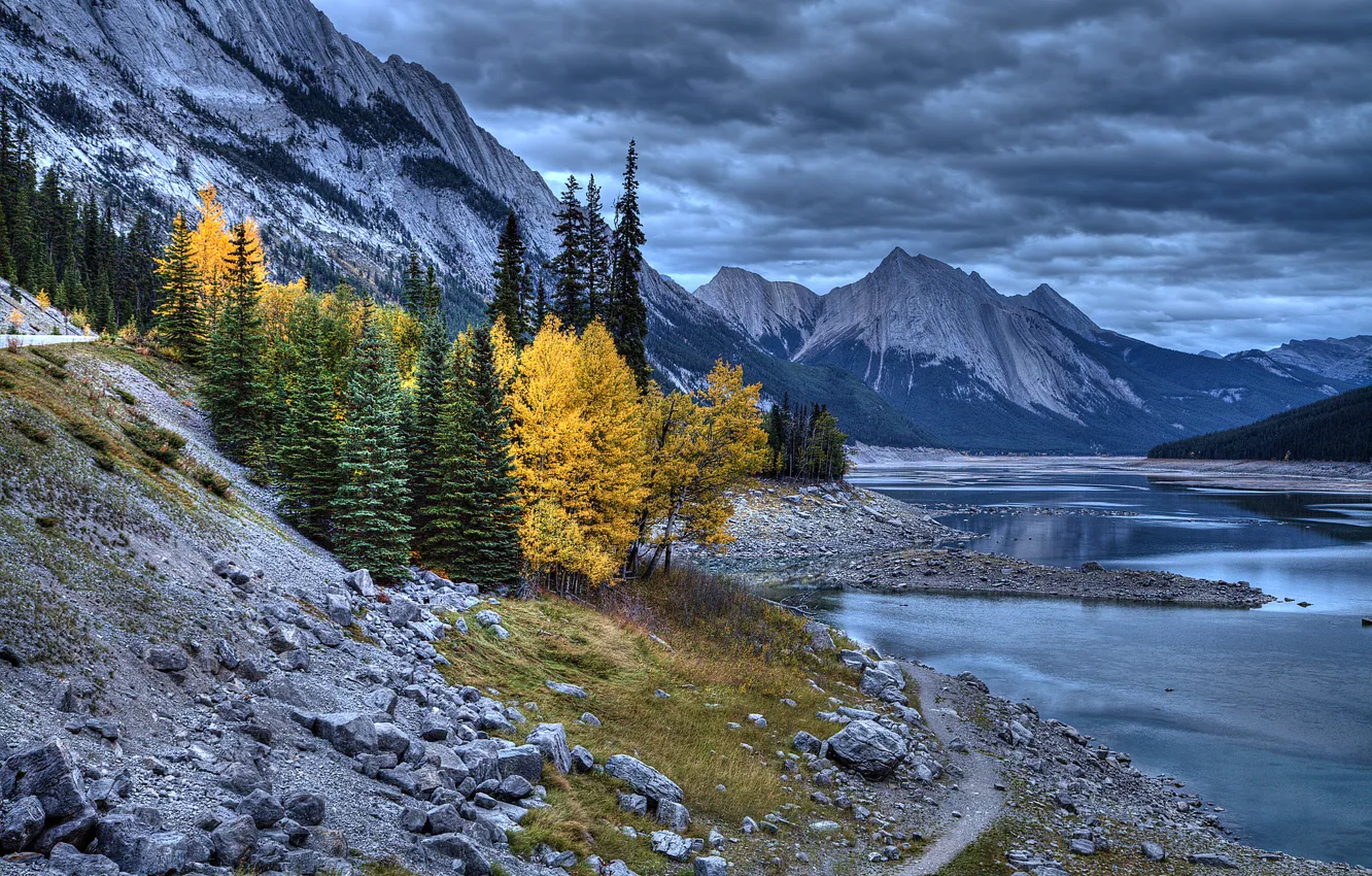 Photo wallpaper autumn, the sky, trees, mountains, clouds, lake, the evening