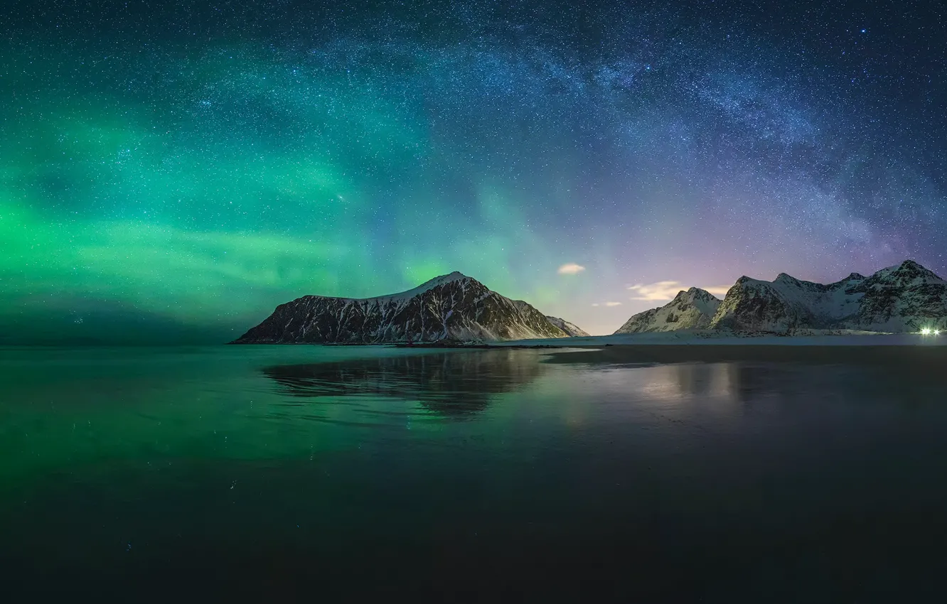 Photo wallpaper stars, mountains, night, reflection, Northern lights, the milky way, Iceland, pond