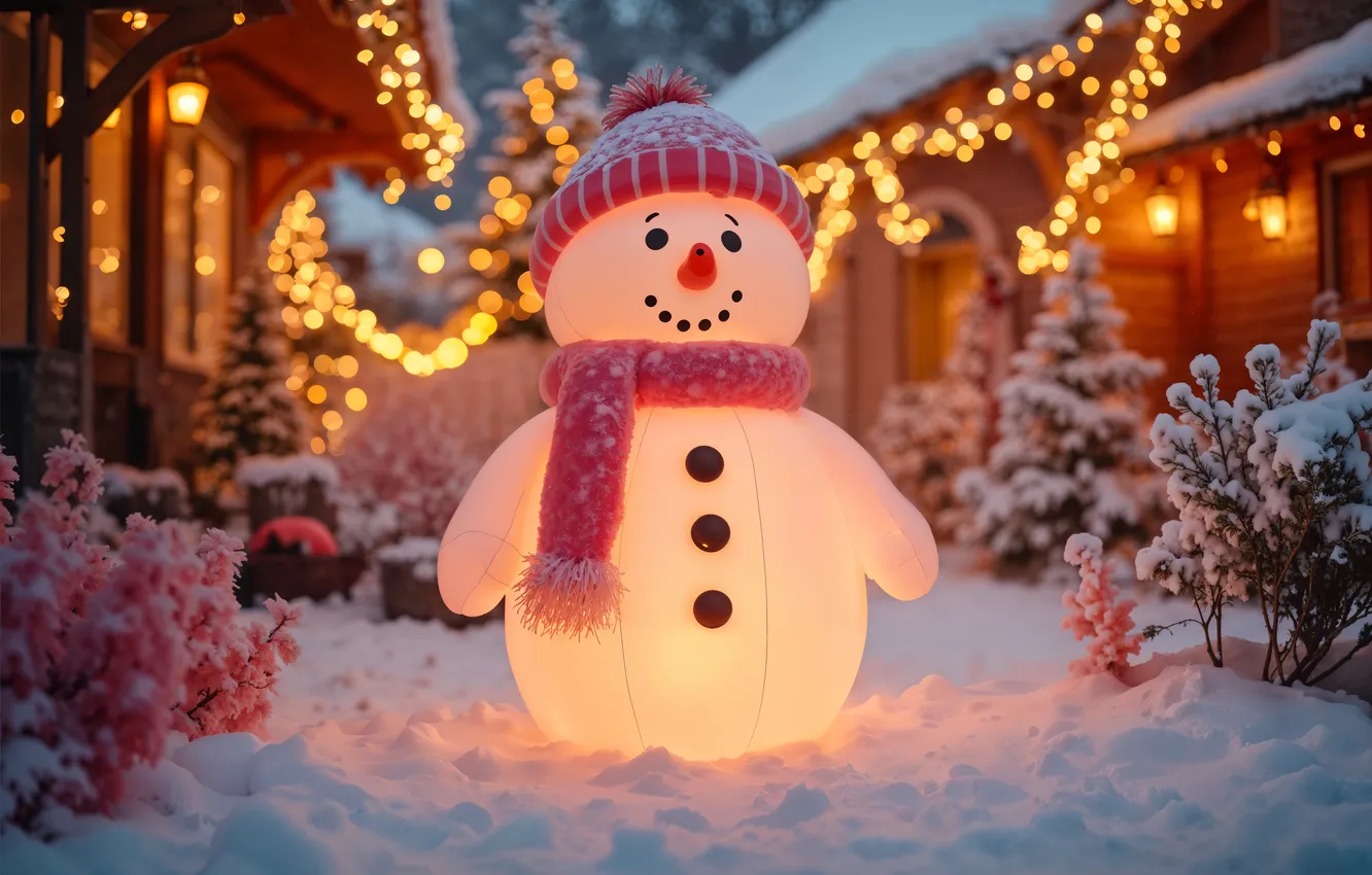 Photo wallpaper snow, decoration, night, lights, tree, new year, home, Christmas