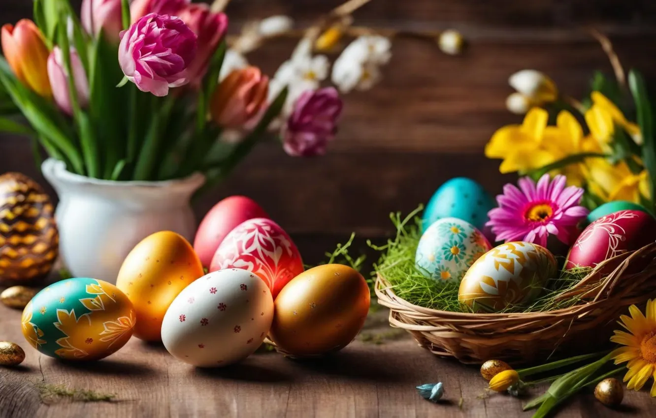 Photo wallpaper flowers, eggs, spring, colorful, Easter, flowers, spring, Easter